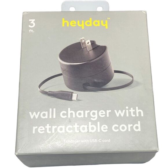 Heyday Wall Charger Retractable 3ft USB-C Cable Fast Charge Phone Tablet Black - Picture 3 of 8